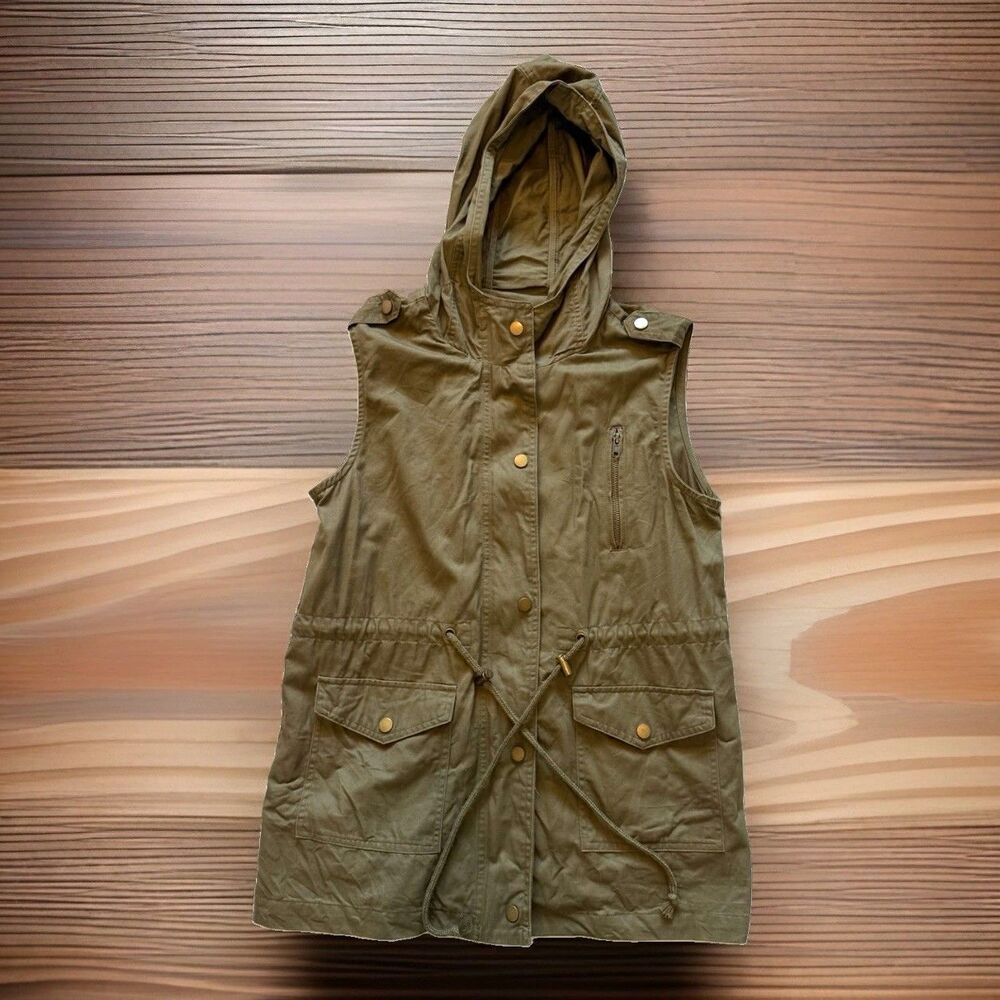 Zenana Outfitters Womens Size Small Olive Green Cotton Hooded Cargo Utility Vest